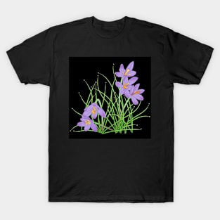 Crocus Flowers on Black T-Shirt